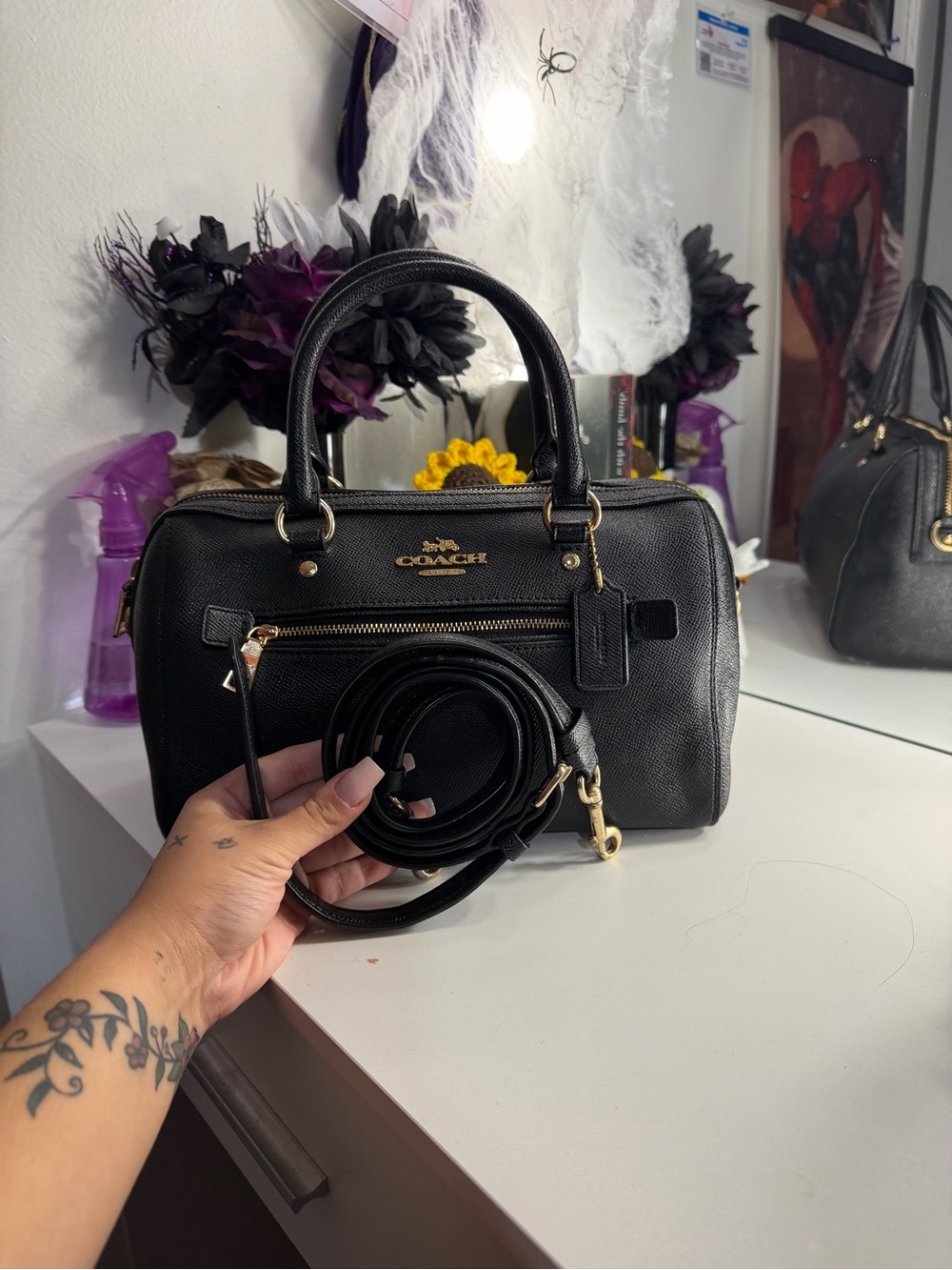 Coach Black Pebbled Leather Satchel with Gold Hardware and Detachable Strap